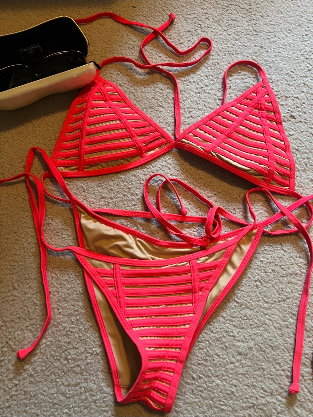 Beach Bunny Neon Pink Ladder-Stripe Triangle Bikini